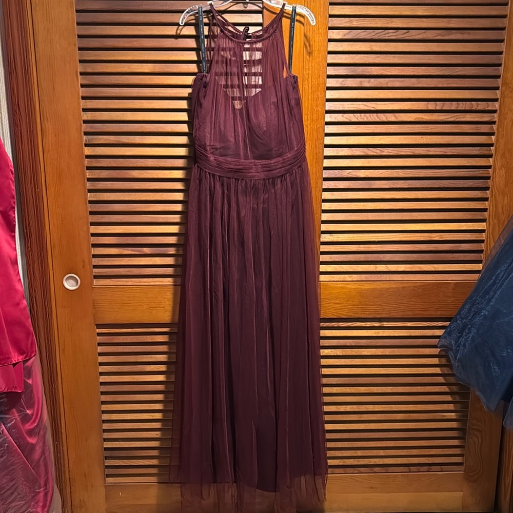 Bill Levkoff Burgundy Floor Length Tulle Gown